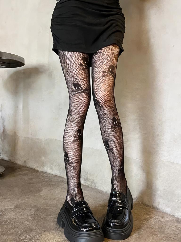 Women'S Black Fishnet Pantyhose With Skull & Crossbones Print, High-Stretch Skin-Hugging Hosiery For Gothic Punk Streetwear