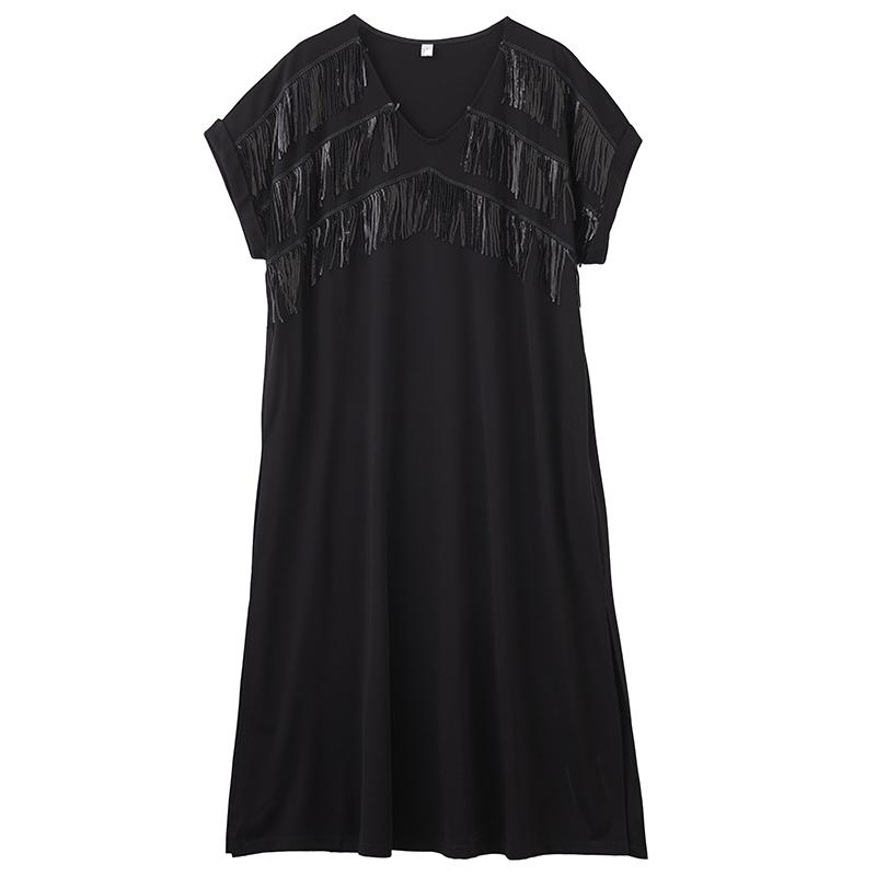 Dimanaf New 2025 Plus Size Summer Dress Women Black Vintage Casual V-Neck Dress Loose Dress Maxi