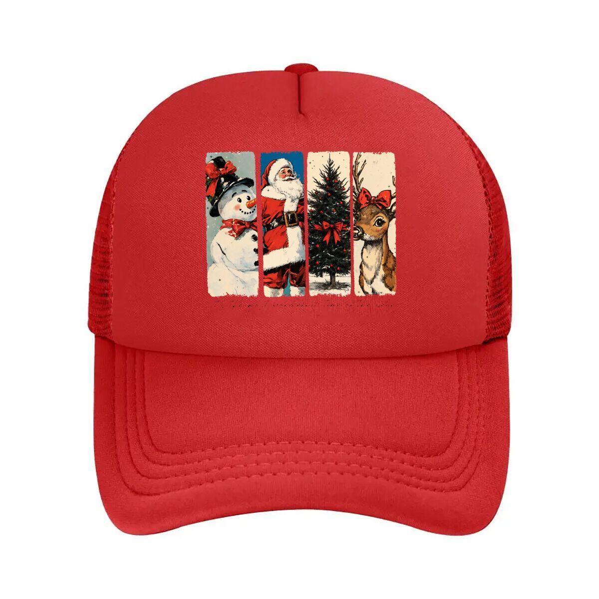 Vintage Christmas Decor SnowUnisex Santa Tree Reindeer Mesh Baseball Cap Hip Hop Adjustable