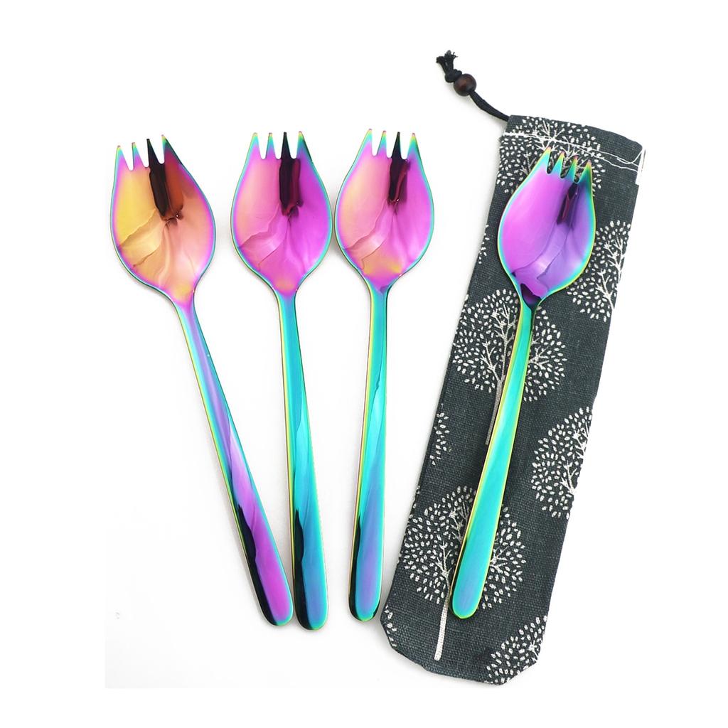4 Piezas Vajilla Negra Camping Viaje Un Cuchillo y Tenedor Cubiertos Anfibios Cuchara Tenedor Acero Inoxidable 304 Fideos Aperitivo