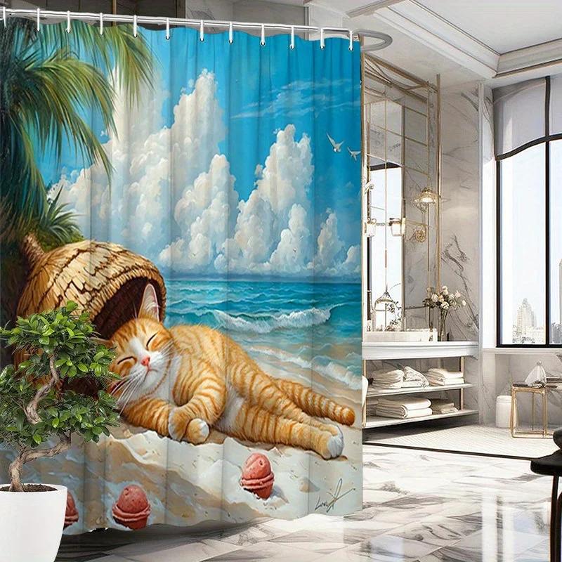 

~O~Tranquil Beach Cat Shower Curtain - Orange Tabby, Palm, Seashells & Seagulls, Polyester,70.8x70.8 Inches, Washable, Beach Dec W90XH180cm
