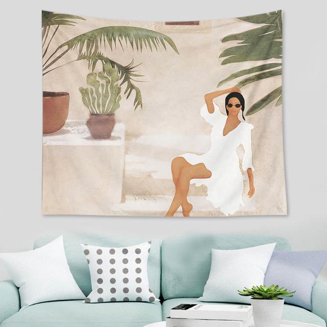 Nordic Abstract Geometric Tropical Plant Print Pattern Tapestry Home Living Room Bedroom Wall Decor Background Cloth Tapestry