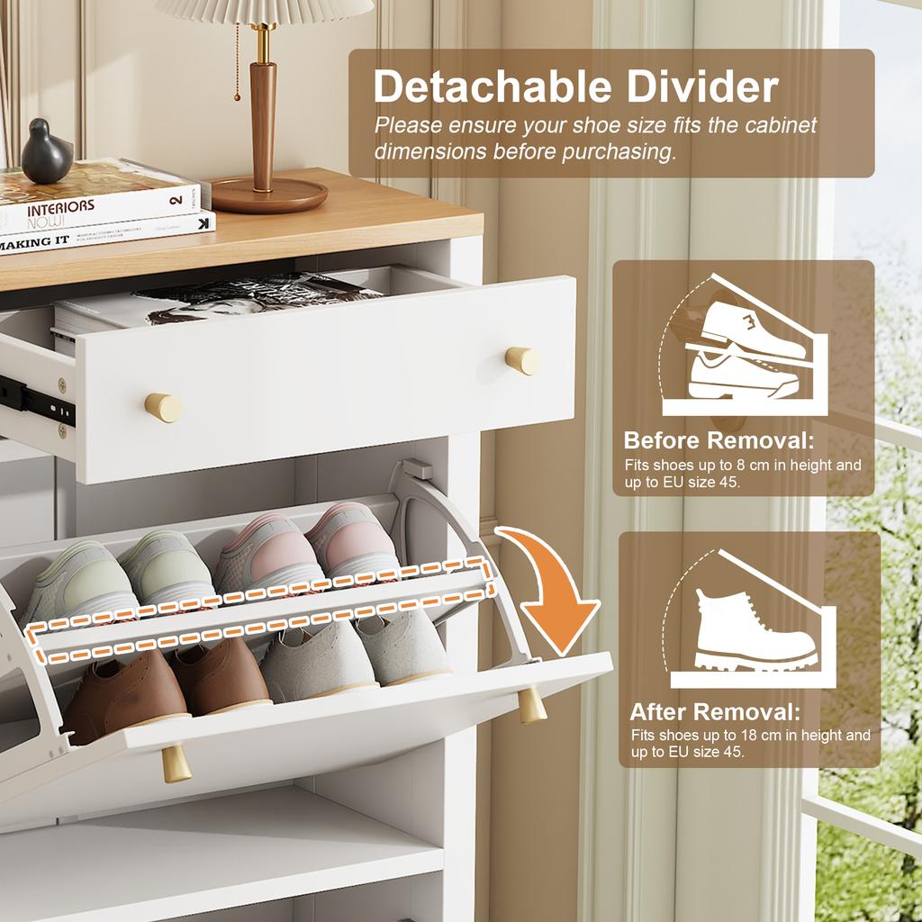 Modern Shoe Cabinet with Drawer, 2 Flaps, Adjustable Shelves and Metal Handles, White/Wood Look, for Hallway & Entryway, 50 x 24 x 95 cm
