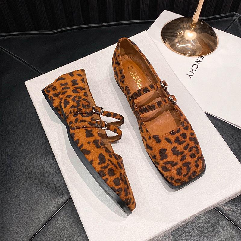 Chaussures Mary Janes à talon bas pour femme en cuir suédé léopard, fermeture double boucle, chaussures à talon bas, chaussures à talon femme grande taille 43