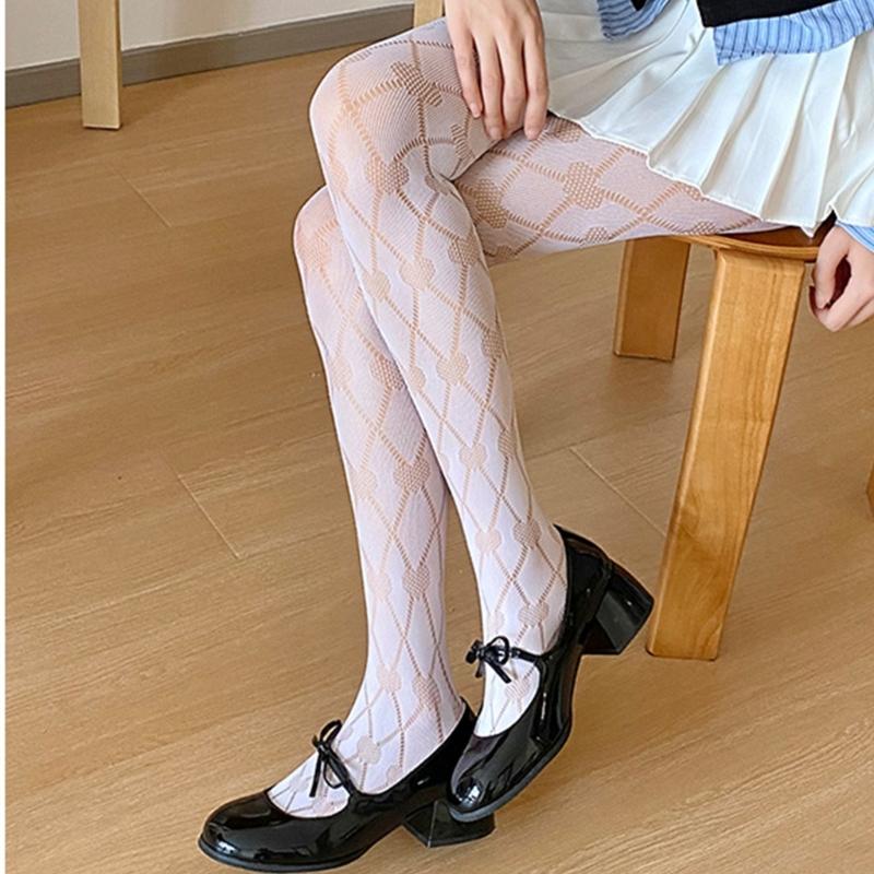 Women Sexy See Through Fishnet Pantyhose Stockings Japanese Harajuku Hollowed Heart Diamond Pattern Mesh Tights Leggings