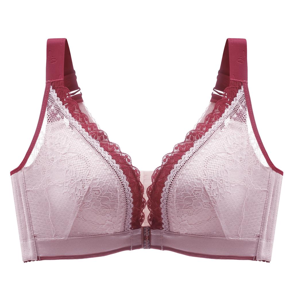 Sexy Lace-trimmed Front and Back Buckle Bra with Breathable Cups Plus Size Side Breasts Beautiful Back and Push-up No-rim Bra