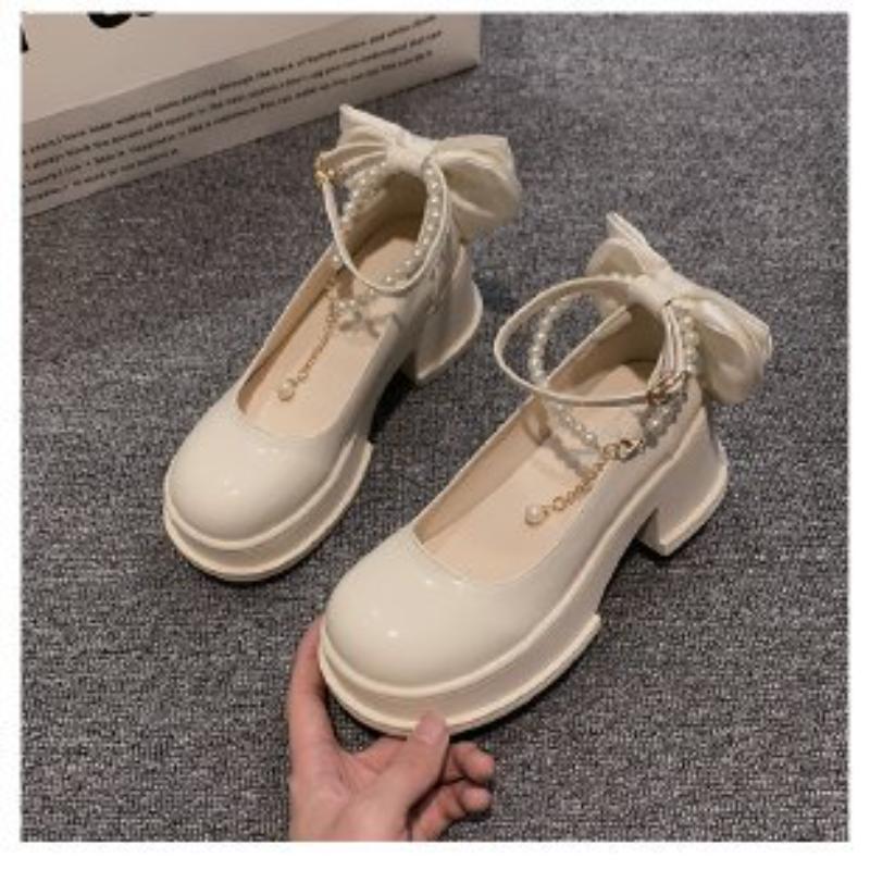 Scarpe in pelle con tacco spesso tutto abbinato, stile fata da donna, primavera, nuove perle francesi