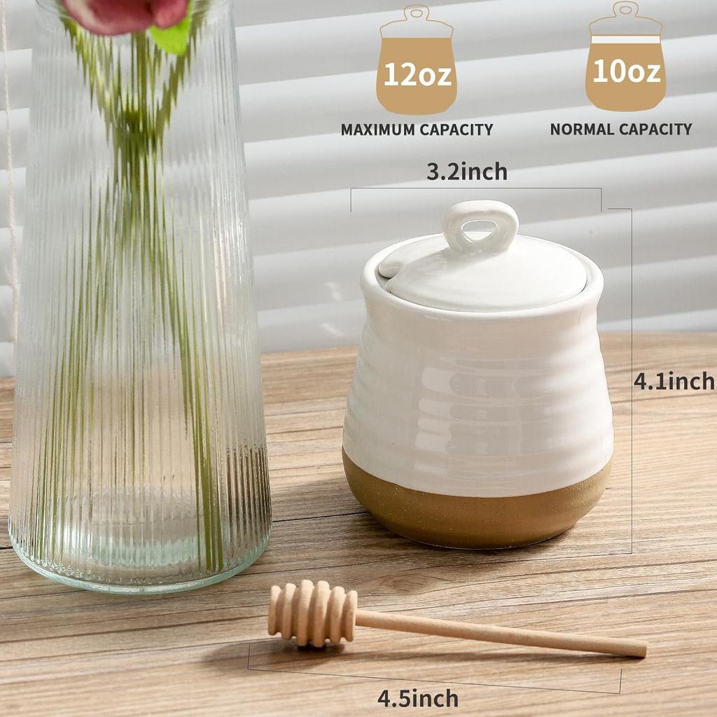 Ceramic 12 Ounce Honey Jar and Dipper Set,Porcelain Honey Pot with Lid and Wooden Dipper,Cute Honey Containers for Party,Holiday,Halloween