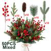 50Pcs Christmas Artificial Pine Branches Red Berry Stems Pine Cones Pine Needles for DIY Craft Garland Wreath Xmas Home Decor