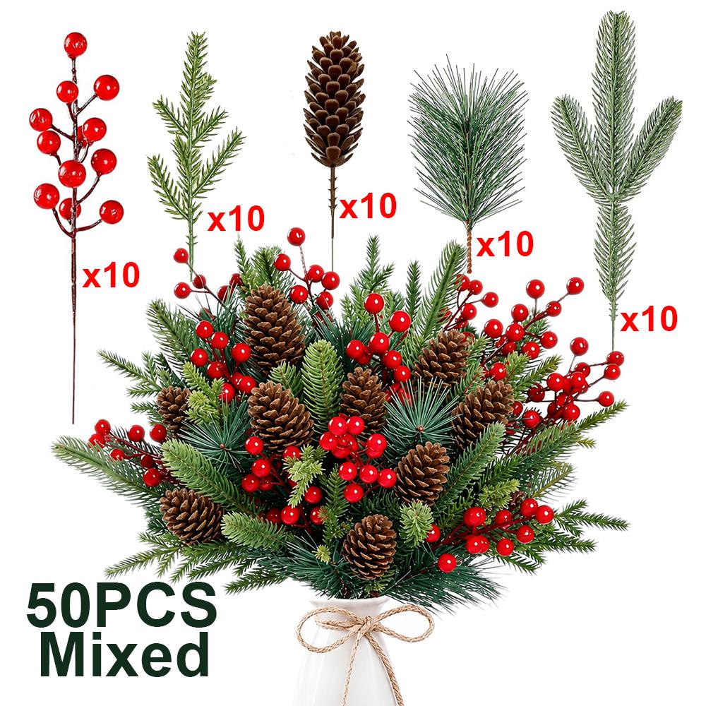 50Pcs Christmas Artificial Pine Branches Red Berry Stems Pine Cones Pine Needles for DIY Craft Garland Wreath Xmas Home Decor