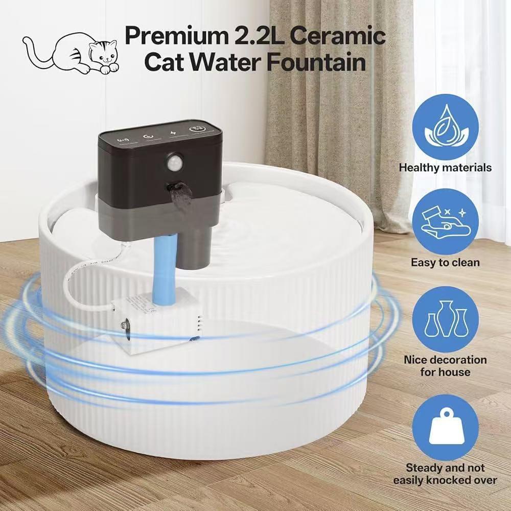 Ceramic Pet Water Fountain with Infrared Sensor, 2.2L Capacity, Silent Operation for Cats and Dogs