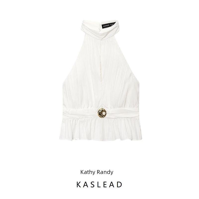 Kaslead New Arrival Women's Clothing Fashion Style Fashion Minimalist Small Pleated Hanging Collar Tops 0387077