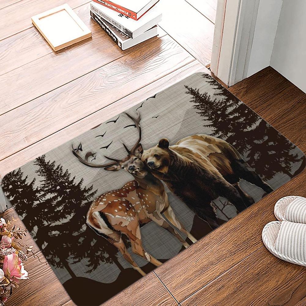 Wood Deer Print Doormat Non-Slip Rugs for Living Room Bedroom Kitchen Laundry Mat Machine Washable Home Decor Carpet