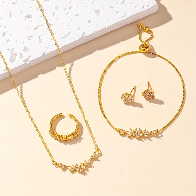 Simple and Stylish Zirconia Jewelry Set: Pendant Necklace, Adjustable Bracelet, Open Ring, and Earrings - a Perfect Holiday Gift