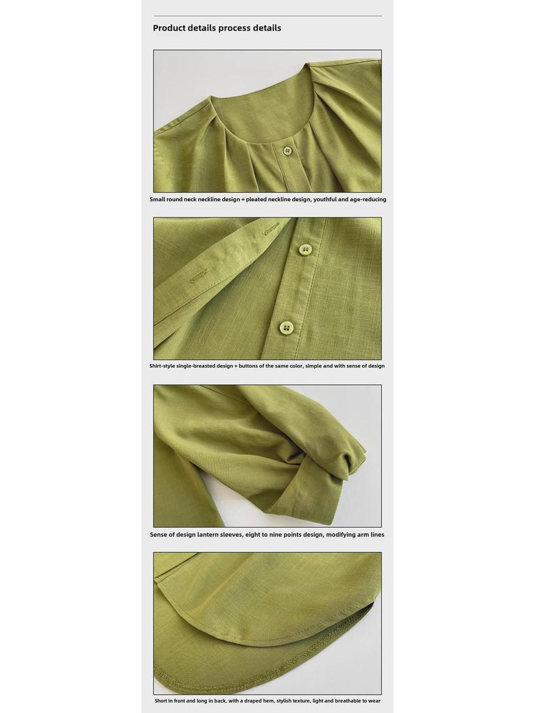 Luxi Women's Chic Lantern Sleeve Cotton-Linen Shirt, Spring 2024, Three-Quarter Sleeve Top