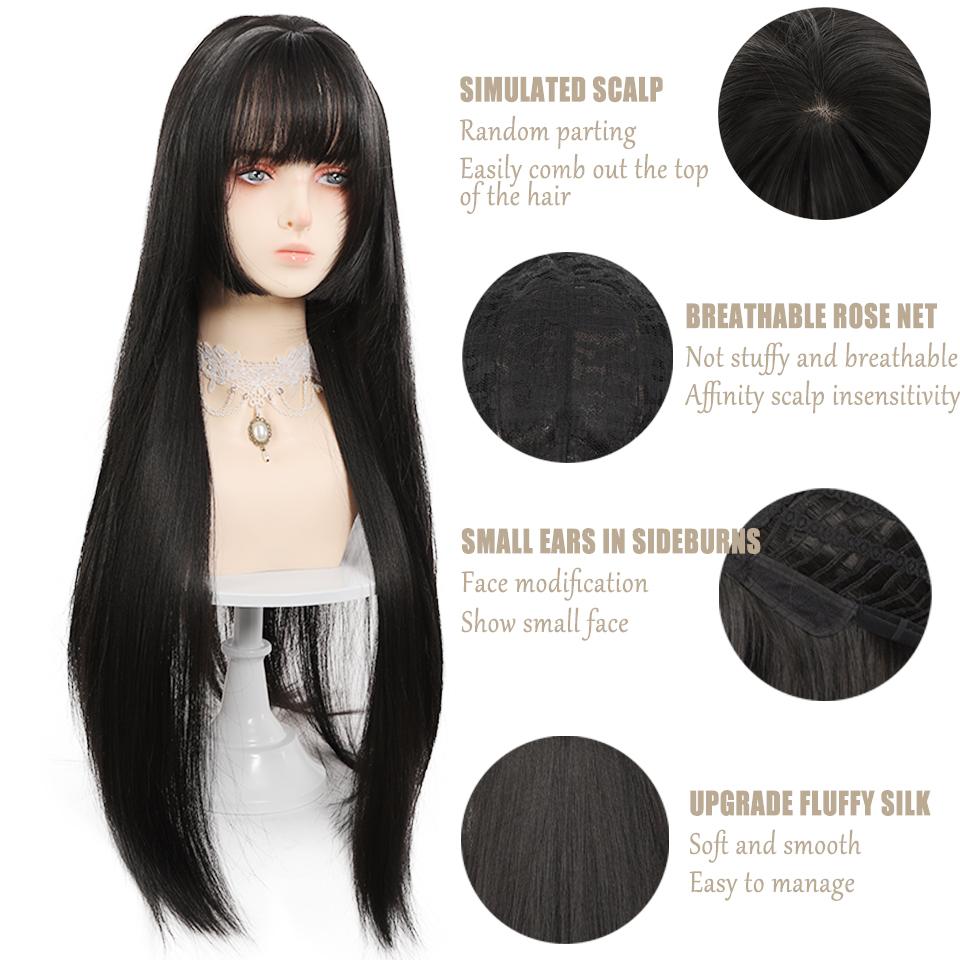 WTB Peluca Sintética Larga Lisa Negra Moda Femenina Flequillo Recto Fiesta Lolita Halloween Peluca Larga Lisa