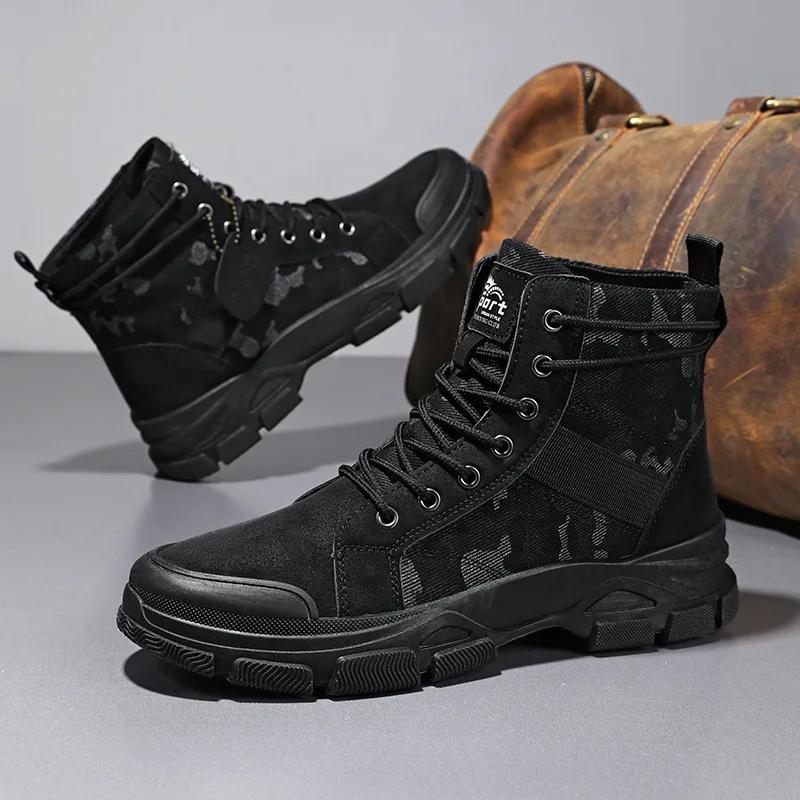 

High Top Boots for Men Fashion Camouflage Design Ankle Boots Breathable High Top Canvas Boot Lace-Up Non-Slip Men Platform Boots 39 чорний