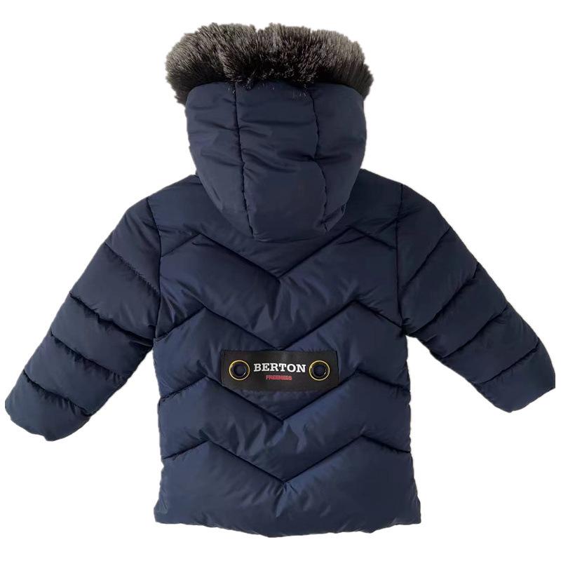 Boys' Winter 2024 Mid-Length Cotton Coat: Korean Style, Thickened, Fleece-Lined, Big Fur Collar, for Small and Medium Children.