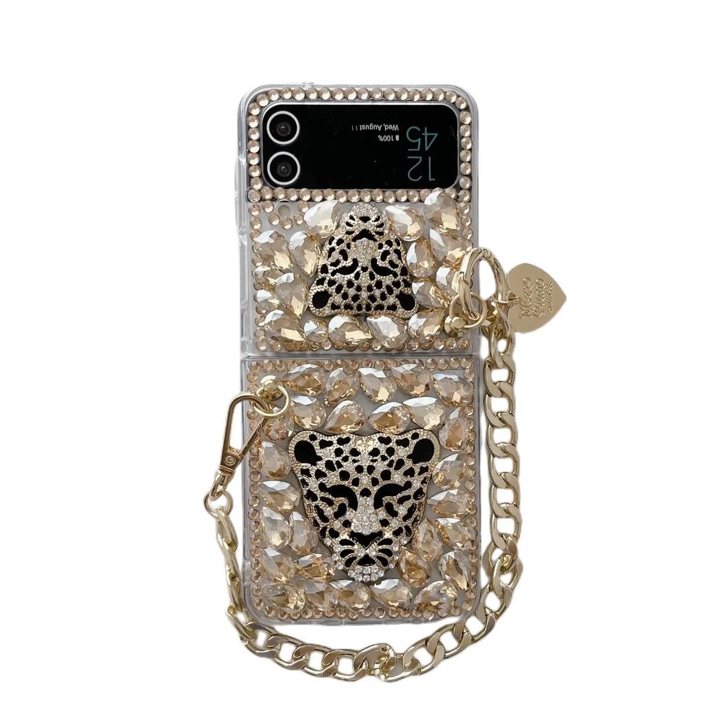 Phone Case Cover with Metal Hand Chain, Bling Diamond Leopard Head, Luxury Fashion, for Samsung Galaxy Z Flip 4 3 Z Flip 5