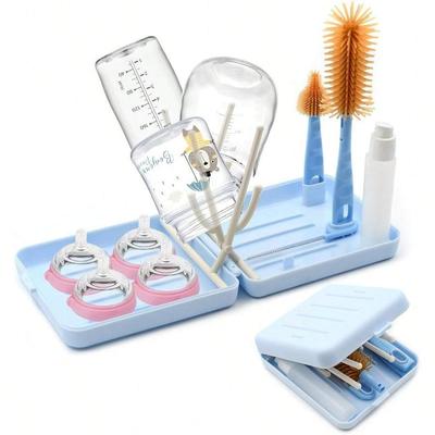 Portable Baby Bottle Brush Kit Premium Silicone Bottle Cleaner Brush, Nipple Brush, Straw Brush, Soap Dispenser, Bottle Drying Rack, and a Storage