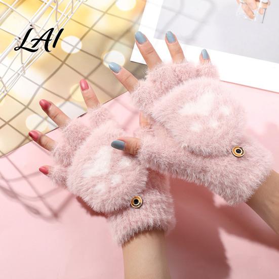 Convertible Mittens for Women Furry Cat Paw Thermal Gloves Flip Top Mitten with Button Women Winter Comfortable Indoor Outdoor Gloves Plush