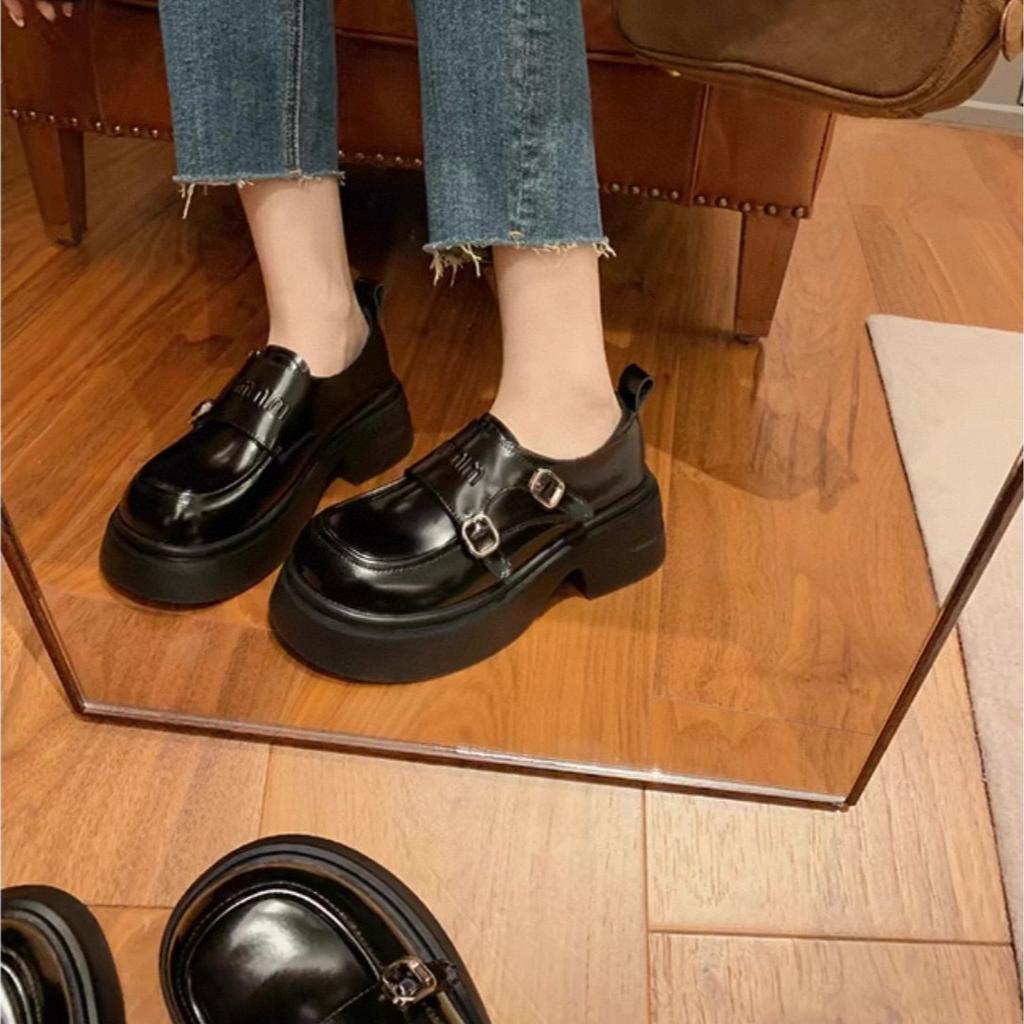 Miu's Home~ Super Soft Sheepskin Thick-soled Thick-heeled Small Leather Shoes Women's Round Head Fashionable Double Buckle with British Style Love
