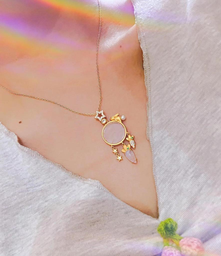 Jade Rabbit and Radish Planet Pendant Necklace - Charming Fairy Tale Design, Handmade and Unique Gift