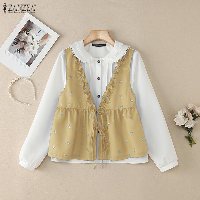 ZANZEA Women Casual Doll Collar Loose Long Sleeve Patchwork Blouse