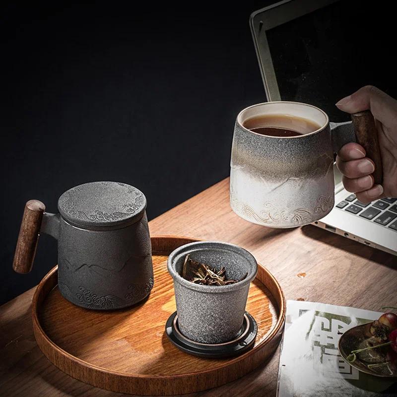 Luxury Mug Ceramic Tea Cup Handmade Aesthetic Chinese Retro Mugs Coffee Cups Elegant Teacup Teaware Water Cup Wooden Handle Business Gift Set