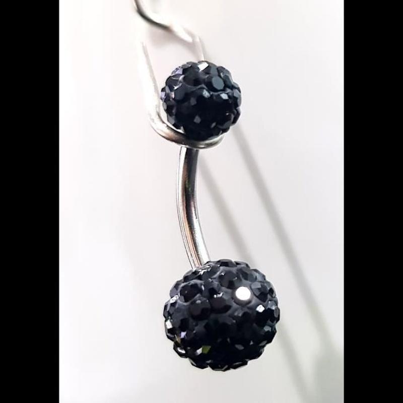 Nabel-/Ohrpiercing-Juwel mit 2 schwarzen Kristallkugeln – Chirurgenstahl – Länge 10 mm