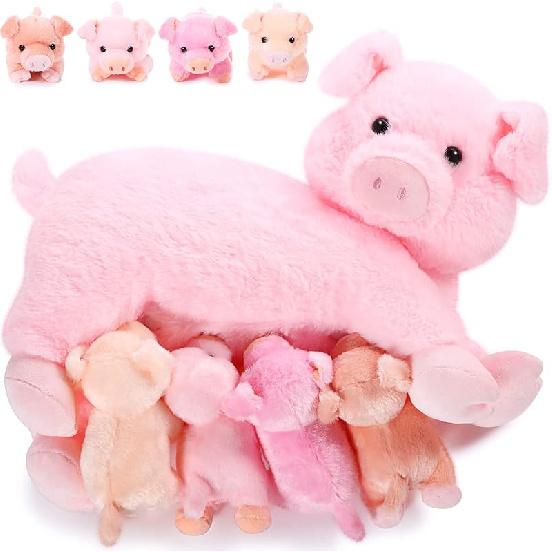 Honoson Nurturing Pig Stuffed Animal with Babies, Soft Cuddly Plushy Nursing Mommy Pig with 4 Stuffed Magnets Toys for Boys Girls Funny Toys Family Cute