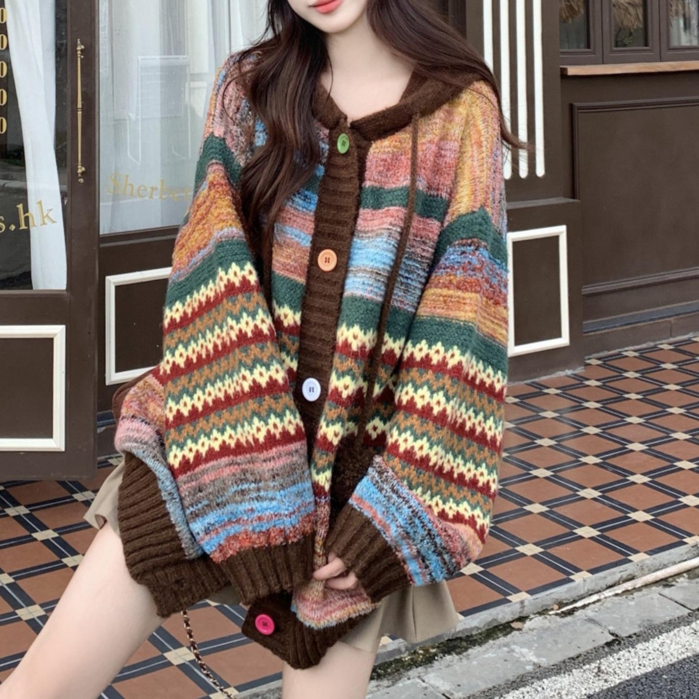 

Vintage contrasting striped hooded sweater jacket women s 2025 autumn and winter fat MM meat covering and thin knitted cardigan top One Size