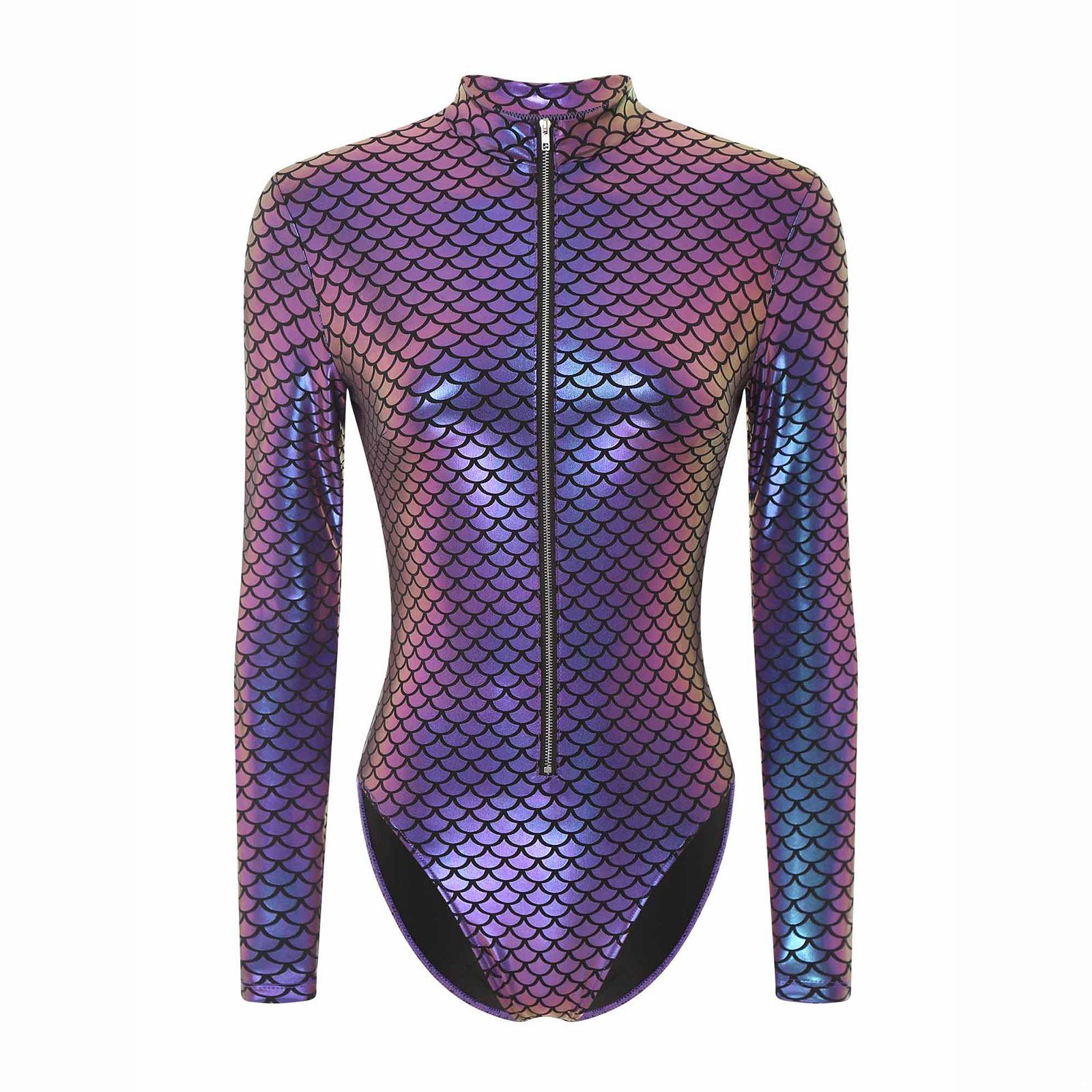 

Жіночий суцільний купальник з лускою русалки, леотар з довгим рукавом і коміром-стійкою для вечірки біля басейну, пляжний наряд XL фіолетовий