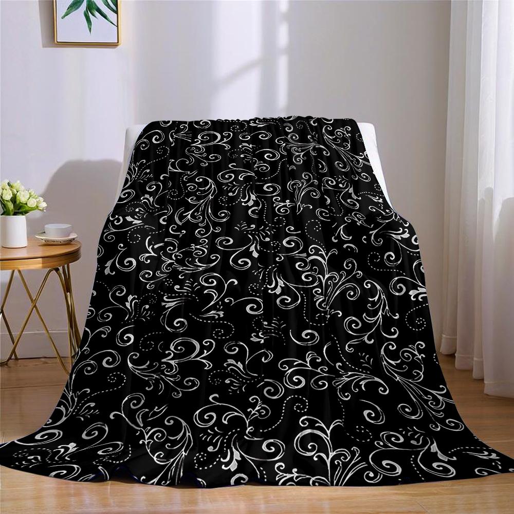 Black Scroll Flannel Blanket Warm Soft Halloween Christmas Couch Warm Cozy Decorative Decor Gift for All Season