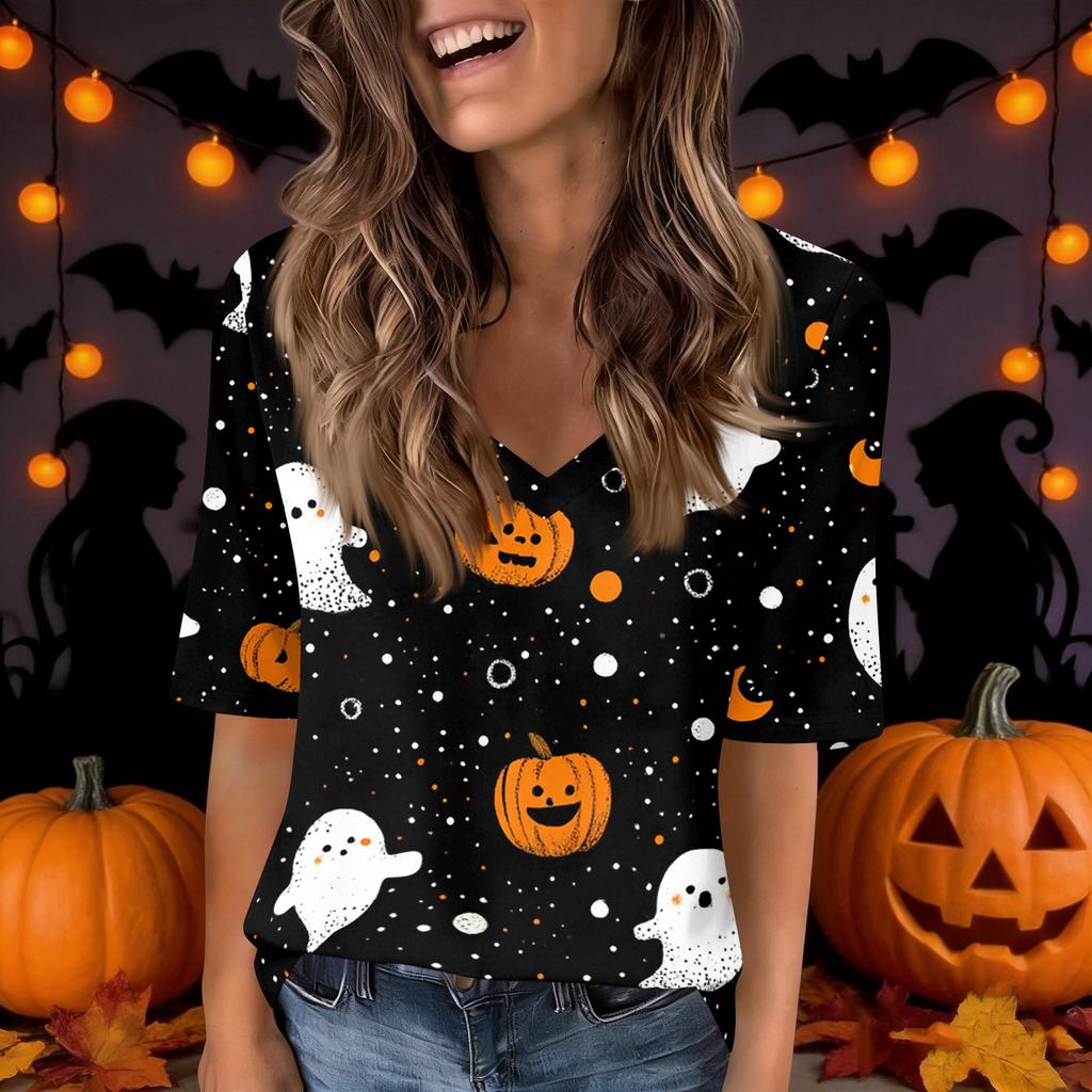 Women's Casual V Neck Top with Halloween Print, Short Sleeve, for Holiday Parties and Everyday Wear