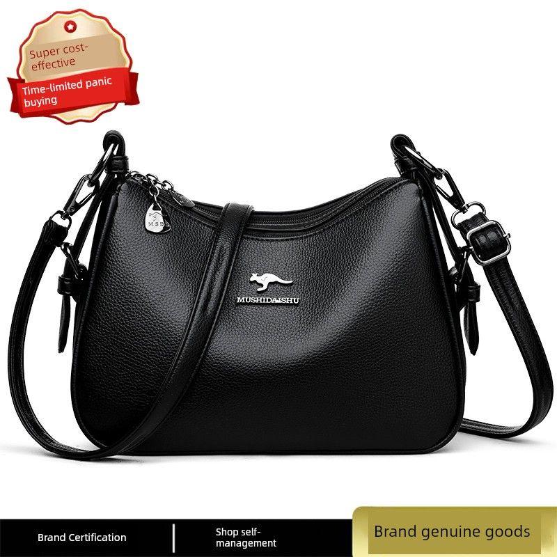 

Сумка из натуральной кожи большой вместимости для женщин 2025 Новое поступление Модная универсальная на плечо/мессенджер Сумка для мамы среднего возраста из мягкой кожи Сатчел Black