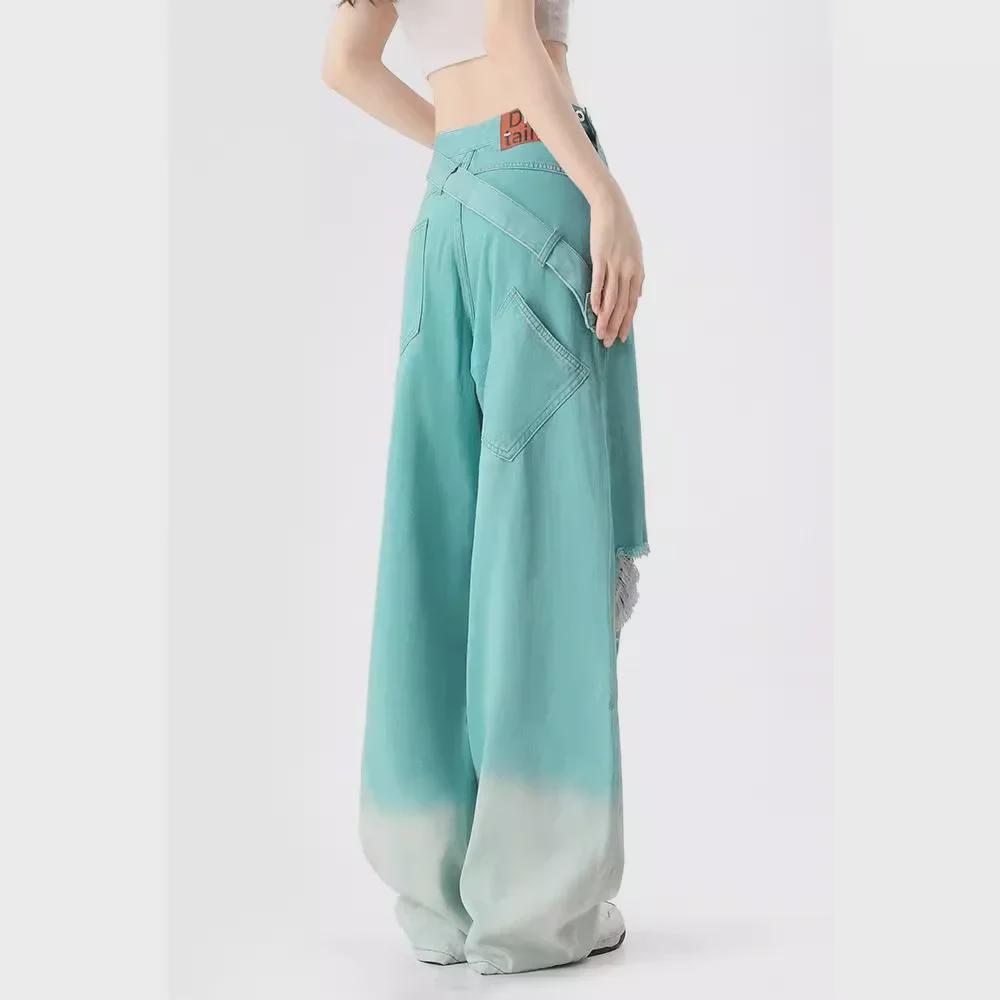 Damen Sommer Dünne Mintgrüne Mambo Retro Weitbeinige Zerrissene Jeans