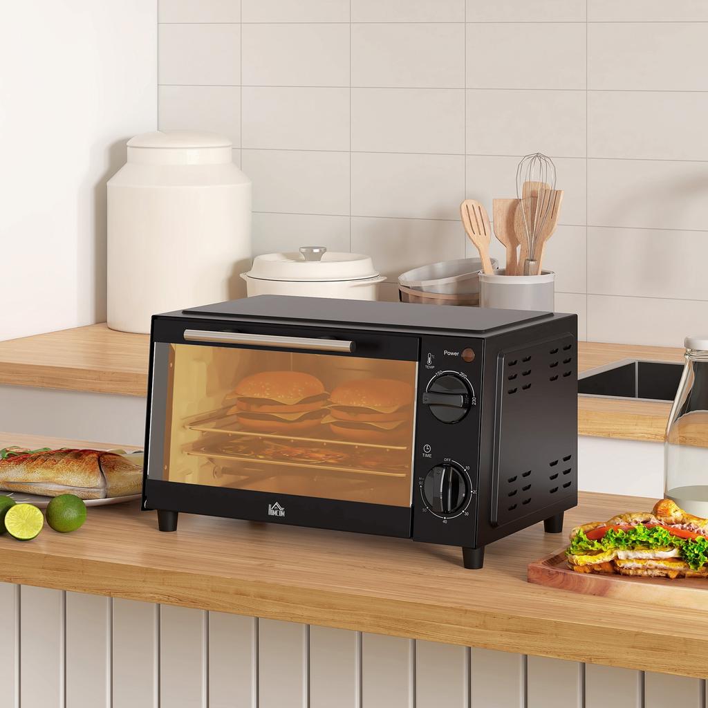 Mini Oven, 9 Liter Capacity, Adjustable Temperature and Cooking Time, with Grill Rack and Baking Tray, Black
