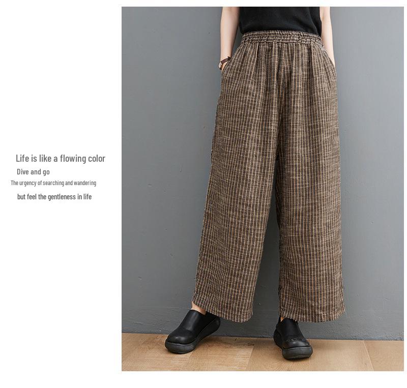 Damen 2024 Herbst Retro Baumwolle Leinen Gestreifter Blazer & Weitbeinige Hose Set