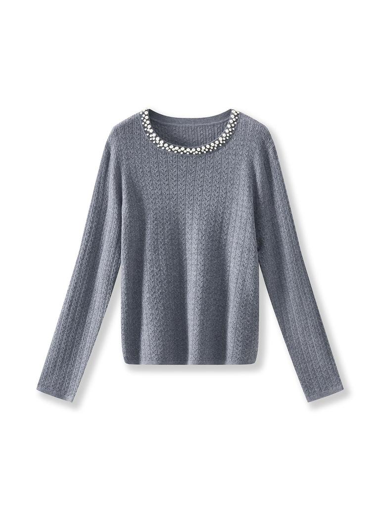 Light Luxury 3D Cable Knit Beaded Round Neck Long Sleeve Sweater Top for Women