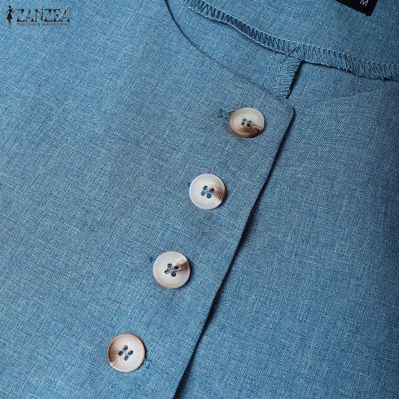 ZANZEA Damen Lässige Runde Hals Sommer Kurzarm Knopf Bluse