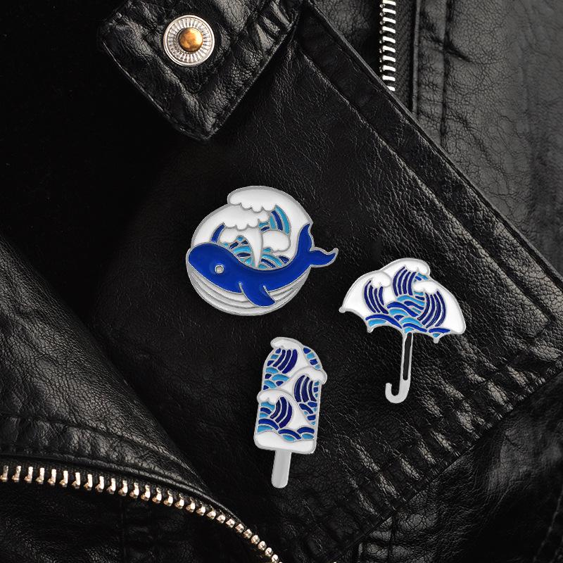 Cloisonné Enamel Brooch with Chinese Scenery: Umbrella, Whale, and Wave Design