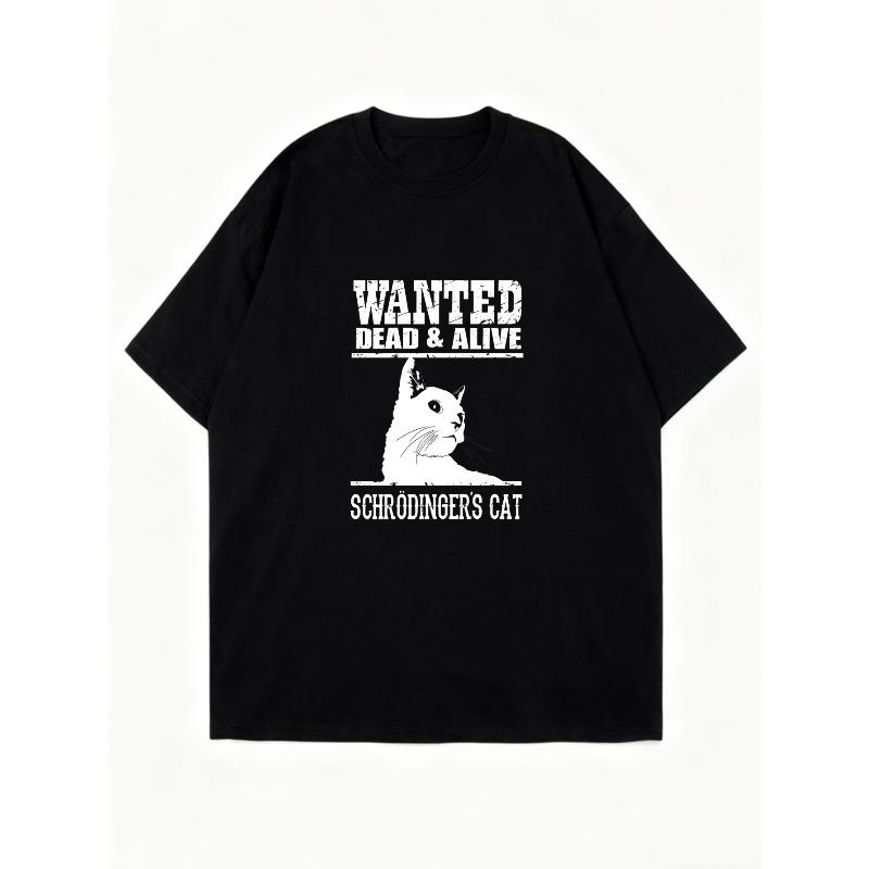 T-shirt Oversize Nera Wanted Dead And Alive Stampa Gatto di Schrödinger Abbigliamento Casual Per Donne