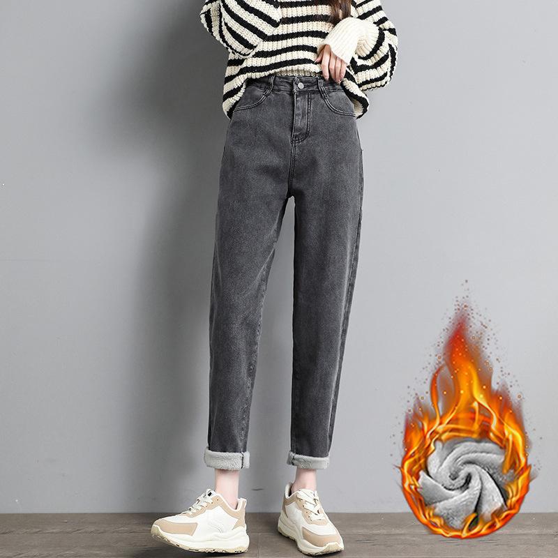 Straight Haren Jeans for Women Autumn and Winter with Thick Fleece and High Waist Loose Korean Version Jeans
