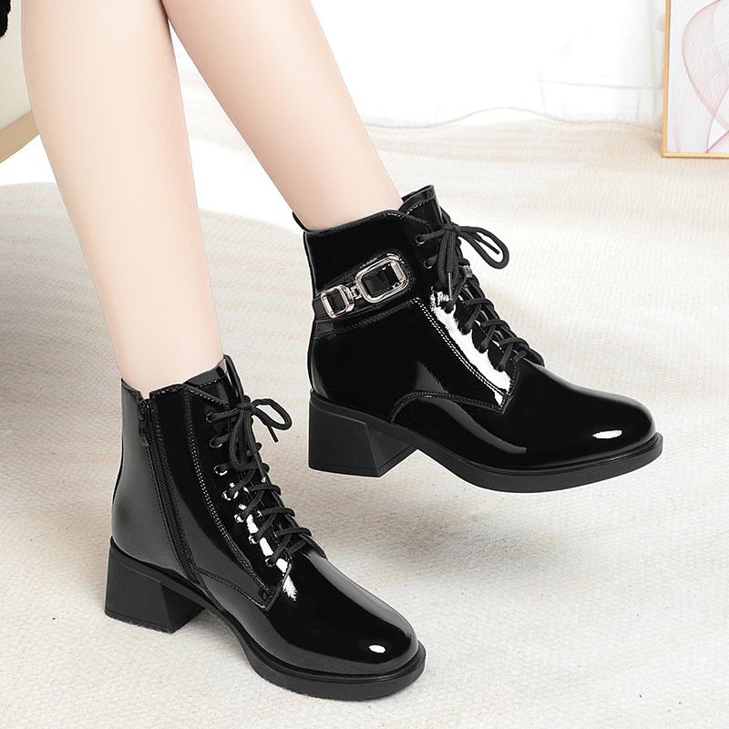 Bright Leather Martin Boots Women's British Style, New Autumn and Winter Boots Black Round Head Short Boots Thick Heel Velvet Leather Shoes