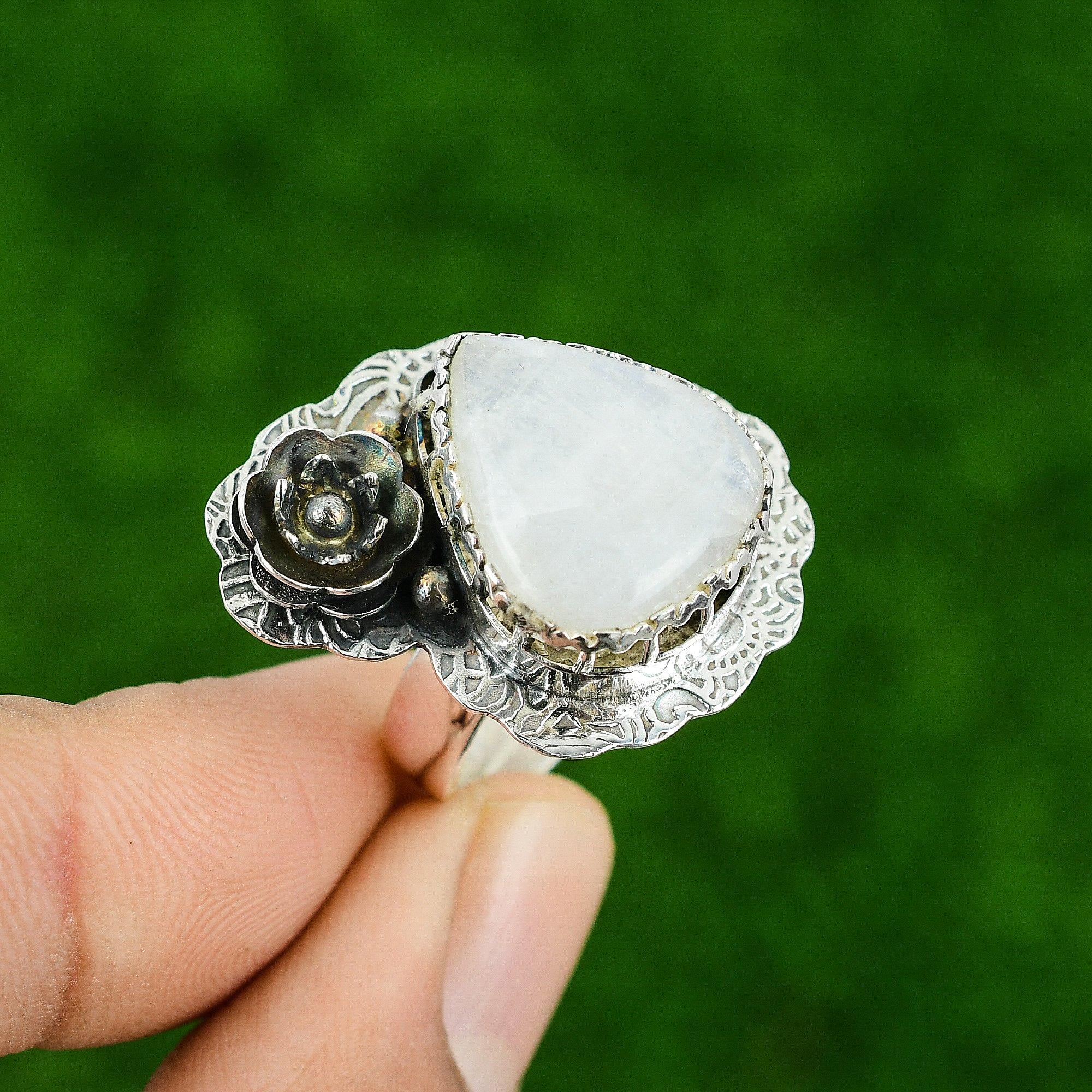 

Natural Rainbow Moonstone Sterling Silver Flower Engagement Solitaire Wife Ring Adjustable