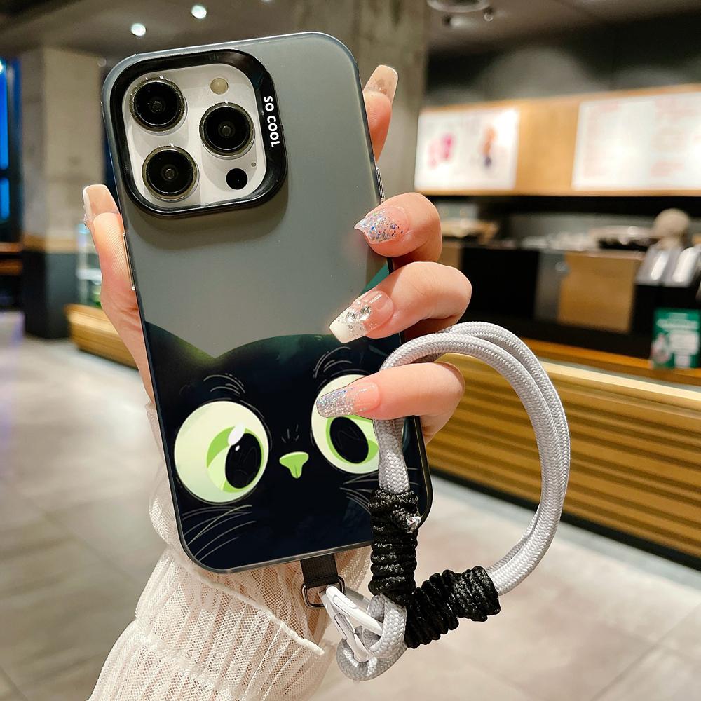 Cute Cartoon Black Cat Electroplate Lanyard Strap Phone Case For iPhone 15 14 13 12 11 16 Pro Max X XS 7 8 Plus Hand Strap Cover
