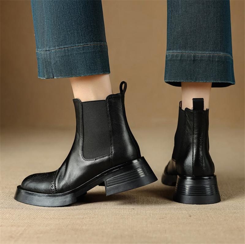 Fashion New Autumn/winter Genuine Leather Women Boot Round Toe Shoes for Women Fashion Brogue Designs Chelsea Boots Mid Heel Short Boots