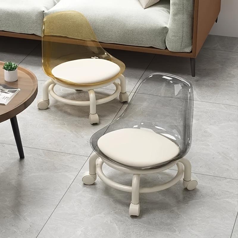 Modern 360° Rotating Crystal Stool with Wheels – Transparent Plastic Seat & Cushion, Casters for Easy Mobility, Perfect for Office and Home Use