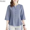 Women Grid Print Casual V-Neck 3/4 Sleeve Loose Blouse